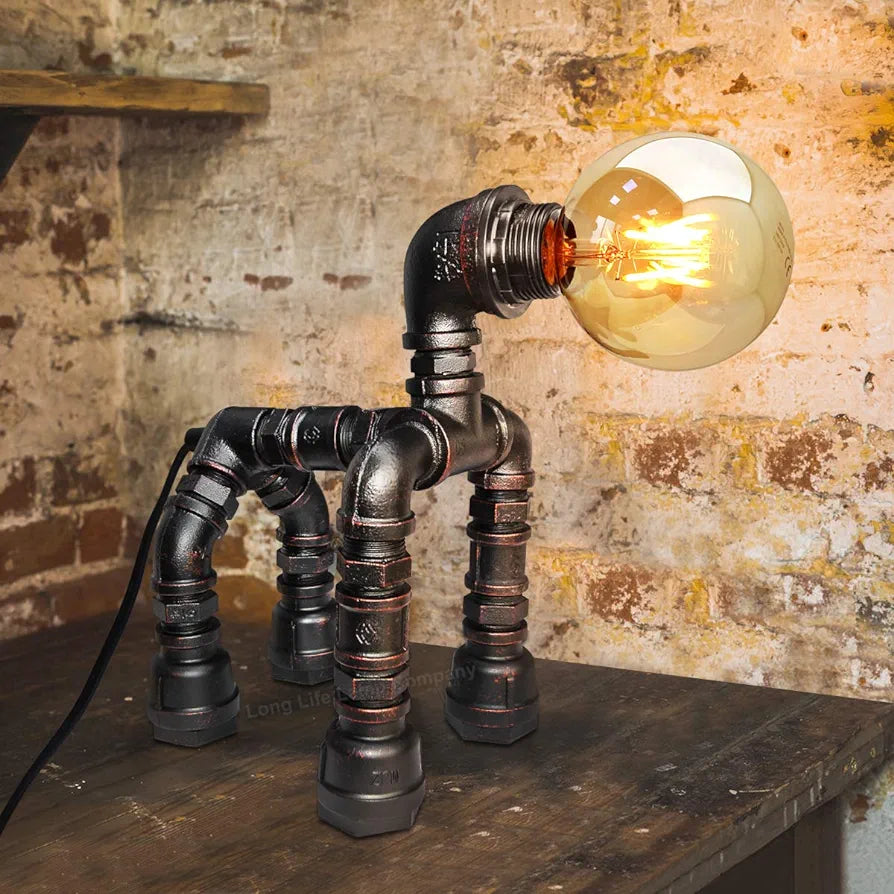 Steampunk Industrial Dog Table Lamp Edison Retro Vintage Robot Pipe Desk Lamp