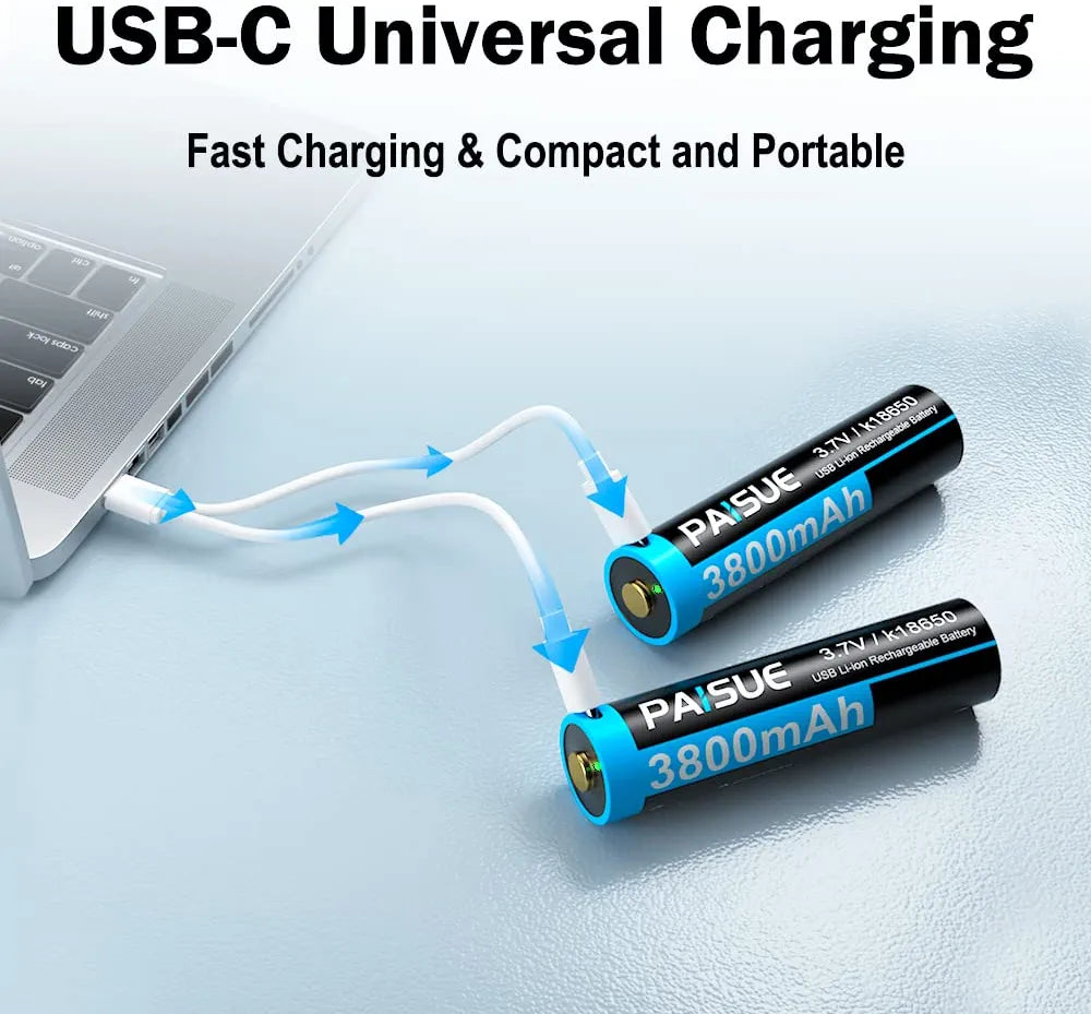 High Capacity 3.7V Rechargeable Battery, USB-C Charge Button Top Batteries with Charging Cable [2-Pack]