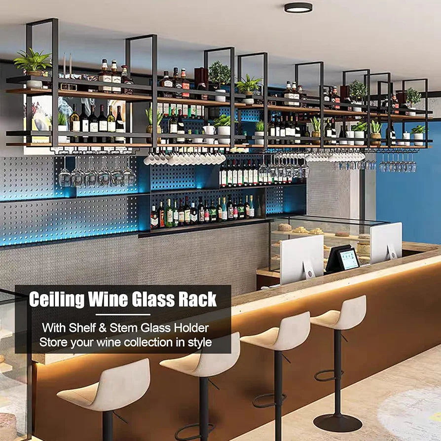 Hanging Wine Rack - Metal Ceiling Wine Glass Rack, 2-Layer Industrial Hanging Wine Bottle Holder with Stemware Glass Shelf, Display Wine Storage Holder, for Bar Cafe Kitchen (Gold, 160×30×80cm)