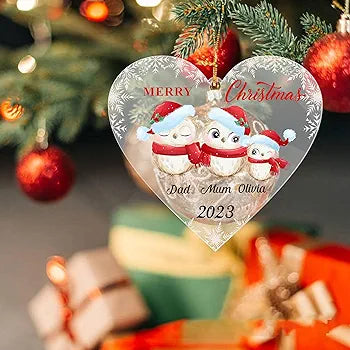 Personalised Christmas Tree Decorations Custom Xmas Tree Decoration Personalised Christmas Tree Bauble for Family UV Print Acrylic Christmas Decorations 2023 (Heart Family of 3)