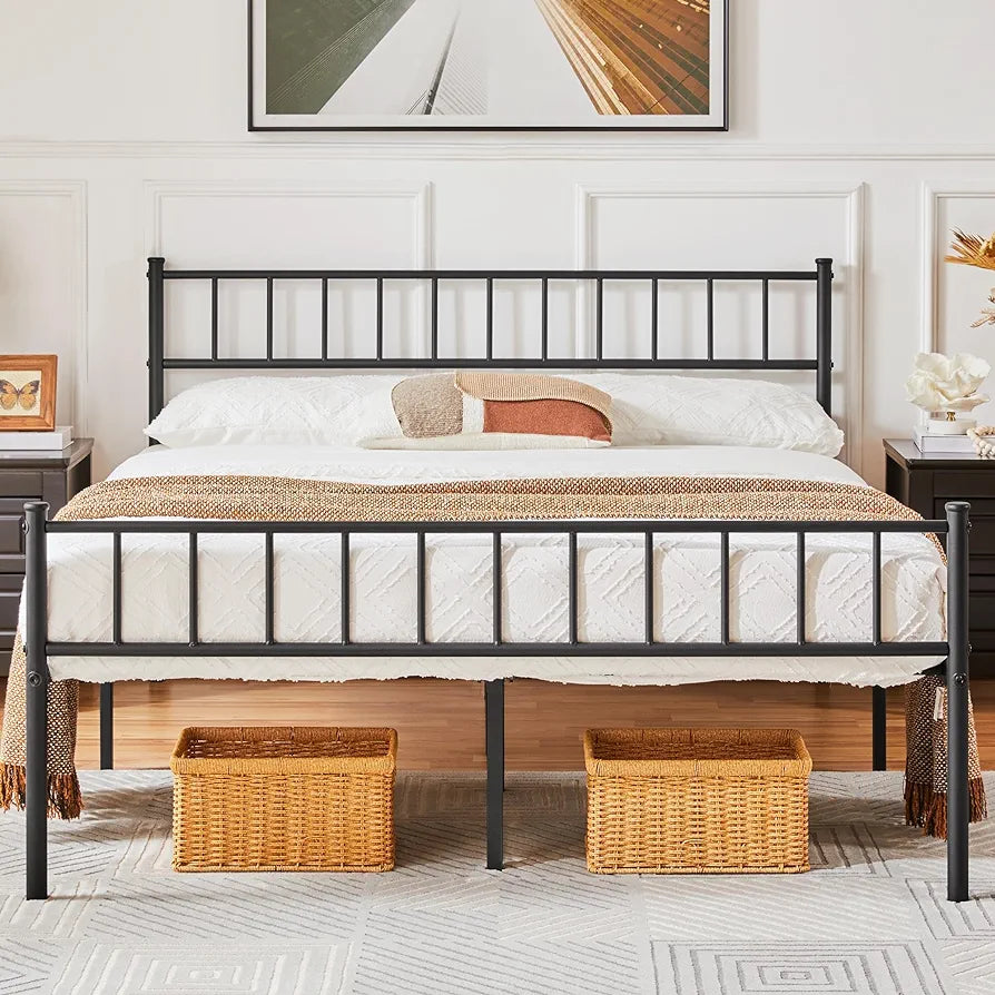Metal Bed Frame  Modern Style Bed with Headboard and Footboard, Solid Slatted Bed Base