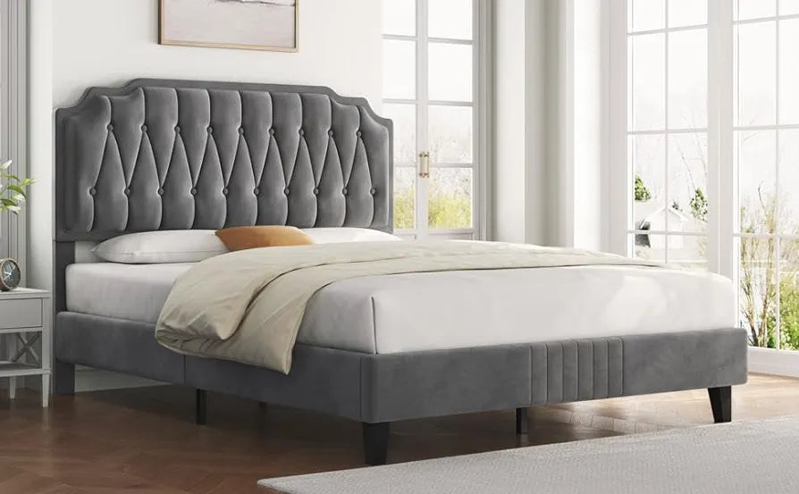 Bed Frame Upholstered Platform Bed with Adjustable Button Tufted Headboard/Velvet Fabric/Sturdy Wooden Slat Support/No Box Spring Needed, Dark Grey