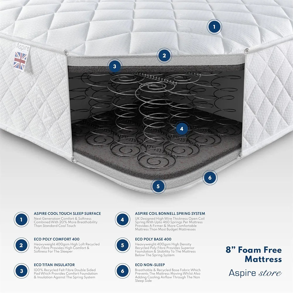 Aspire Beds Double Comfort Layers & AC Aspire-Cool Touch Diamond Tile Sleep Surface Foam Free Bonnell Sprung Value Mattress, White Border