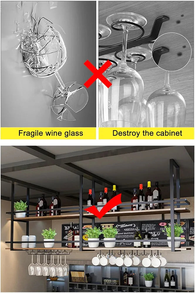 Hanging Wine Rack - Metal Ceiling Wine Glass Rack, 2-Layer Industrial Hanging Wine Bottle Holder with Stemware Glass Shelf, Display Wine Storage Holder, for Bar Cafe Kitchen (Gold, 160×30×80cm)