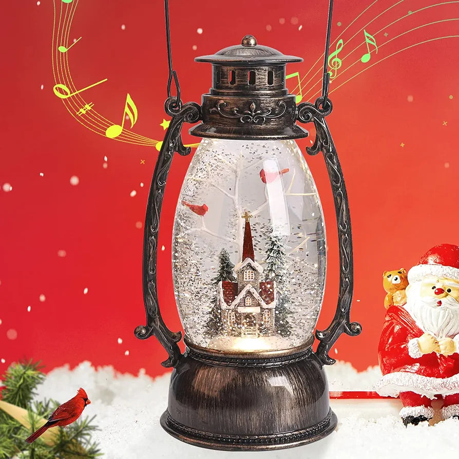 Christmas Snow Globe Lantern, Christmas Village Church Scene Lighted Snow Globes Musical with Swirling Glitter, Battery Powered Christmas Decorations Indoor for Home