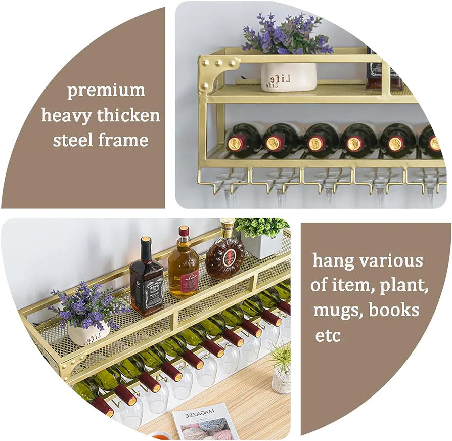 Iron Vintage Wine Rack Wall Mounted, 100x25x27cm Gold Industrial Hanging Wine Rack, Wall Background Decoration Wine Rack with Glass Holder for Bar Kitchen Dining Room Restaurant