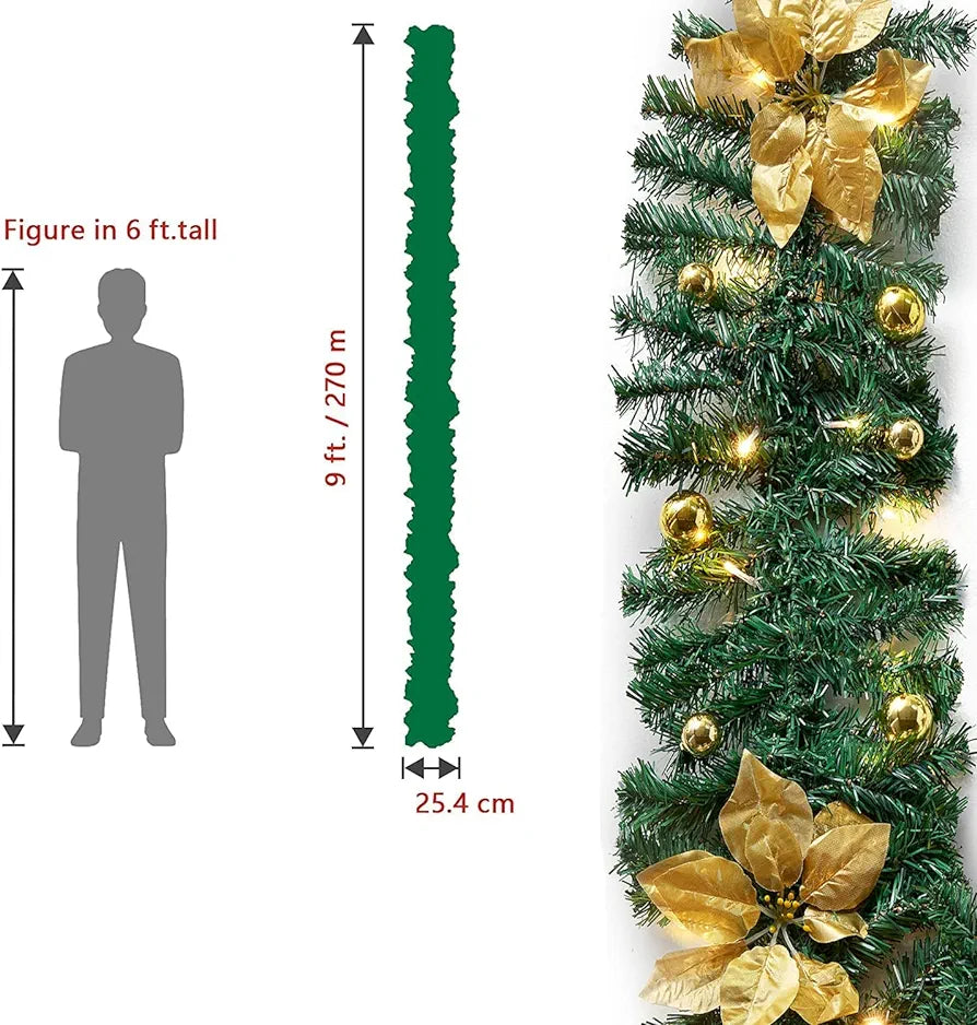 9FT Christmas Garland with Lights for Stairs, 2.7M Wreath Garlands Decorations with Lights, Flower and Ball for Fireplace Wall Door Xmas Tree Garden Yard Holiday Decor