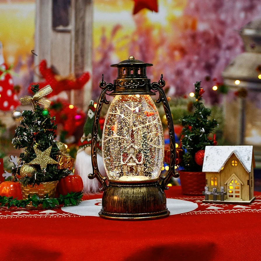 Christmas Snow Globe Lantern, Christmas Village Church Scene Lighted Snow Globes Musical with Swirling Glitter, Battery Powered Christmas Decorations Indoor for Home