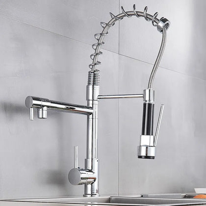 Modern Kitchen Pull Out Mixer Taps Dual Spout Spray Shower Head Monobloc Chrome