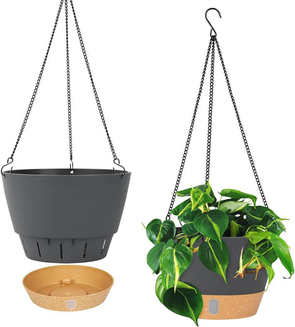 2 Pack Hanging Planters Set, 25.4cm Indoor Outdoor Hanging Plant Pot Basket,Hanging Flower Pot with Drainage Hole with 3 Hooks for Garden Home(Grey)