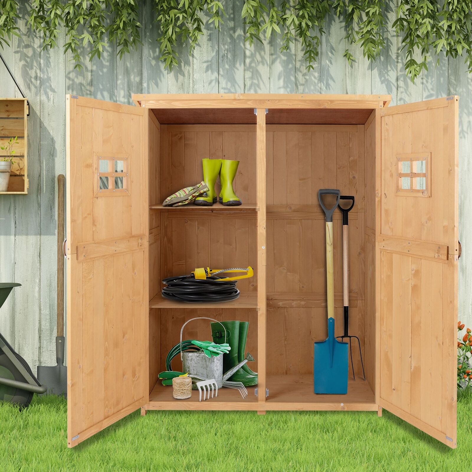 Wooden Garden Shed Tool Storage Cabinet Double Door Shelf Natural Wood