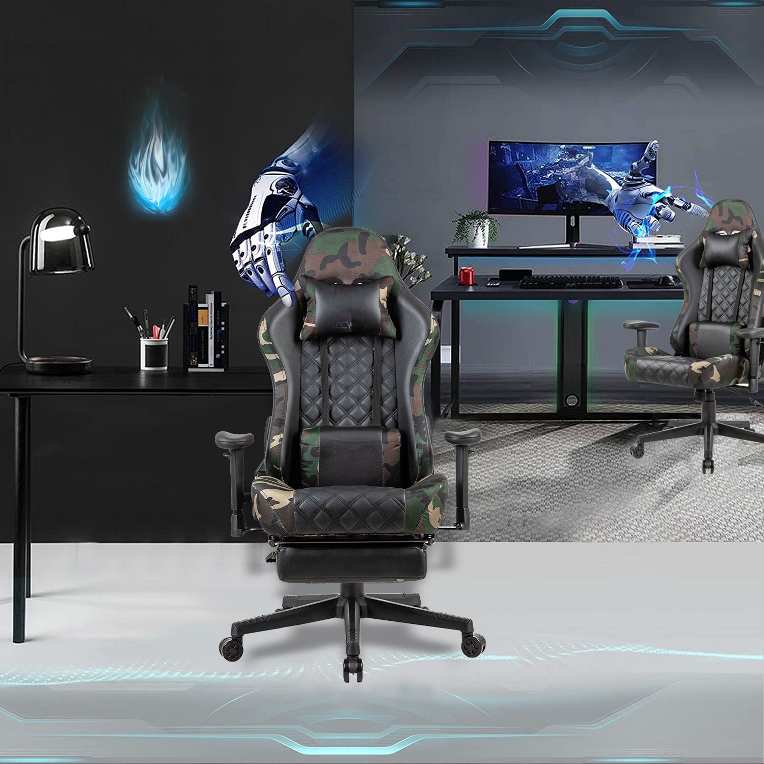 Gaming Chair PC Office Chair Computer Racing Chair PU Desk Task Chair Ergonomic 360°-Swivel Rolling Chair Height Adjustable E-sports Chair with Lumbar Support and Headrest for Office or Gaming