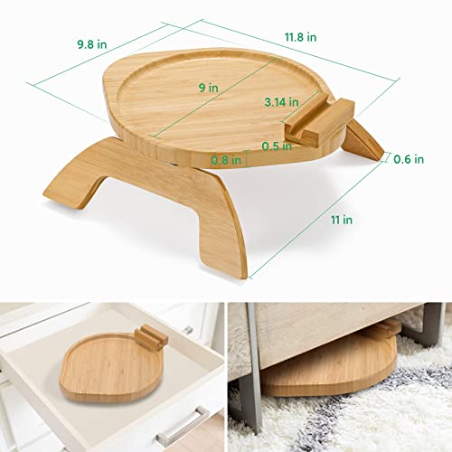 SITREMEN Bamboo Sofa Arm Tray Table with Rotating Mobile Holder, Stable Couch Armrest Tray, Clip-On Sofa Tray Table for Wide Couches, Foldable Couch Arm Clip Table for Eating and Drinking