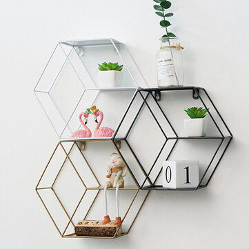 Wire Magazine Rack Metal Storage Art Deco Round Iron Wall Shelf Retro Hexagonal Stoarge Rack Home Office Wall Decoration