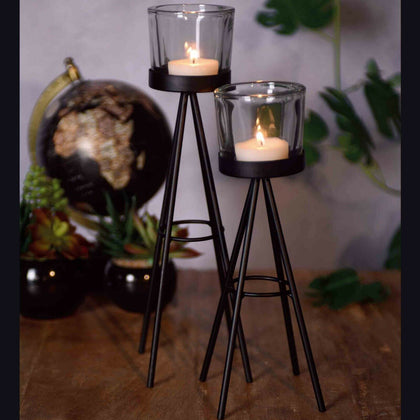 2 Metal Tripod Tealight Candle Stick Stand Glass Holder Set