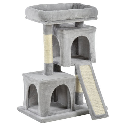 Cat Rest & Play Activity Tree w/ 2 House Perch Scratching Post Grey