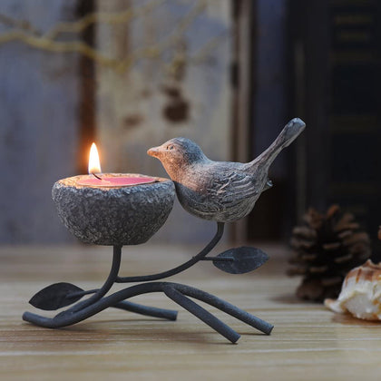 Decorative TeaLight Candle Stands for Table, Vintage Home Decor Centerpiece Features Bird, Nest and Tree