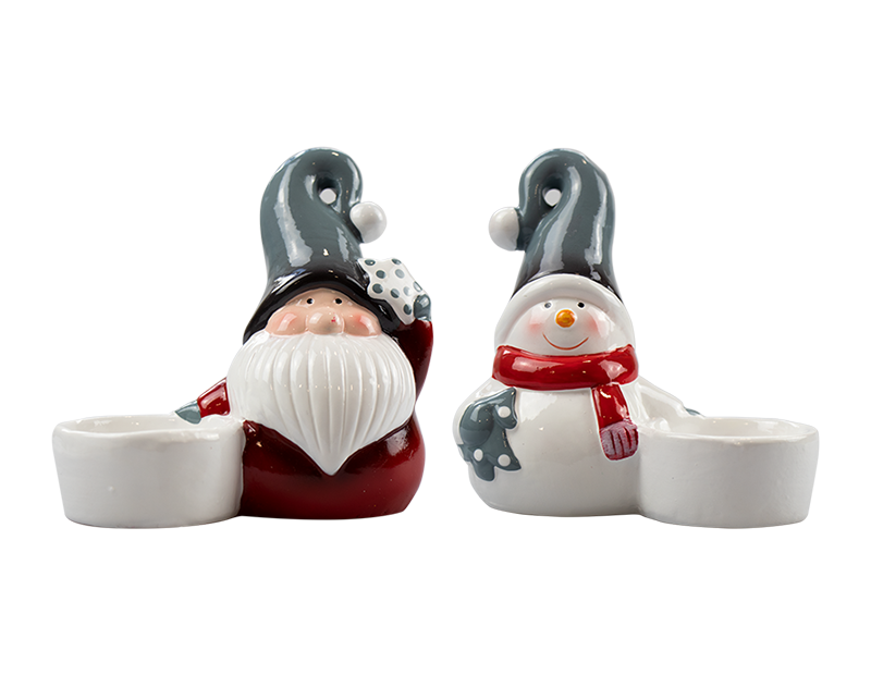 2x Christmas Character Tea Light Holders - Santa and Snowman - Candle Holders