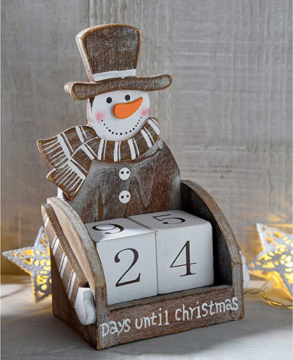 Wooden Snowman Advent Calendar Christmas Decoration, Wood, 16 cm - Multi-Colour