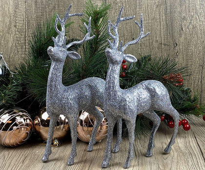 2 x Silver 23cm Glitter Reindeer Figurines - Christmas Decoration Ornaments