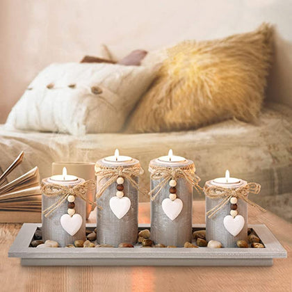 Candle Holder Set of 4 with Wodden Tray, Tealight Holders Vintage Candlestick Holder, Table Centerpiece Home Decor Living Room Bedroom Decoration Wedding Birthday Christmas Party Ornaments