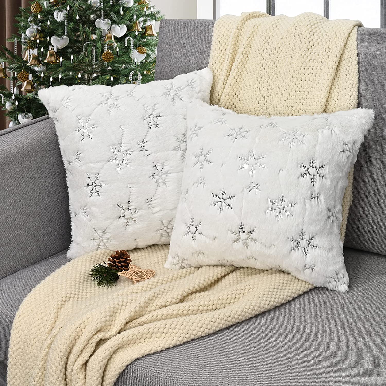 Set of 2 Faux Fur Cushion Covers Silver Snowflake Sequin Pillow Cases Fluffy Christmas Decorative Cushion Cases