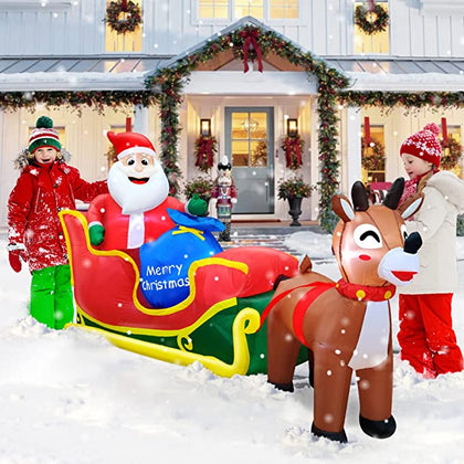 8Ft Long Inflatable Christmas Decoration Outdoor Reindeer Pull The Sleigh Take Santa Claus