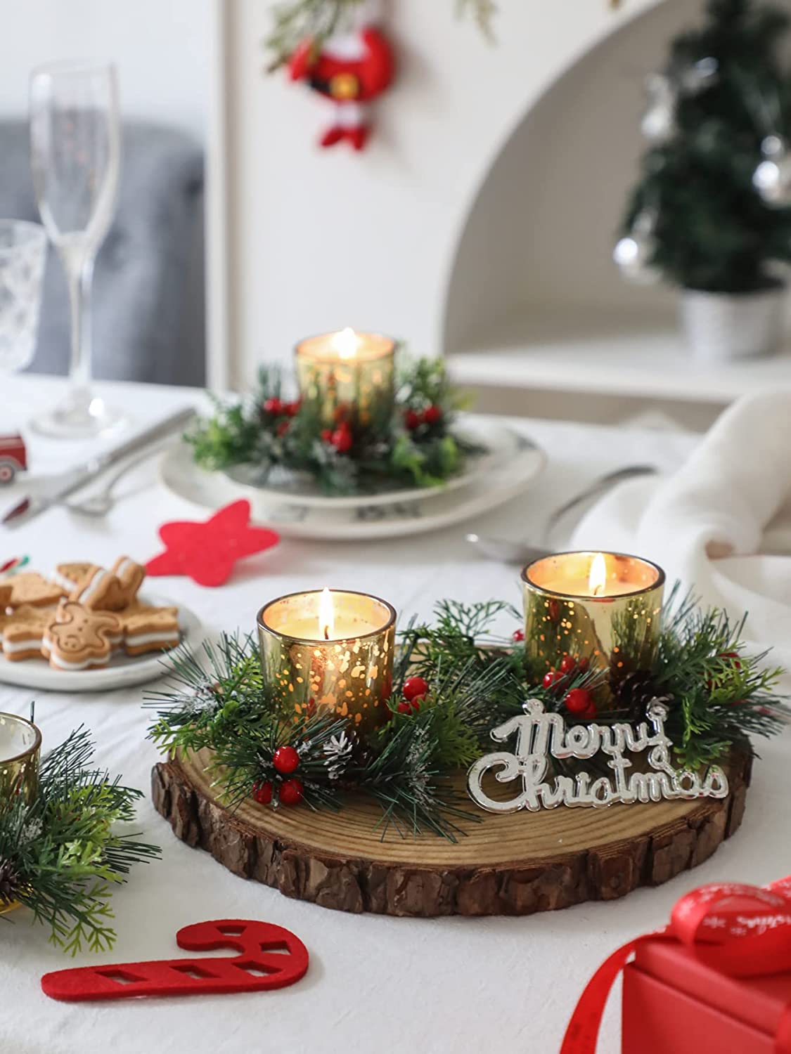 Christmas Candle Ring, Red Berry and Pinecone Xmas Candle Ring Wreath with Candle Holders for Table Party 4 Pieces