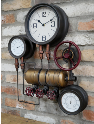 Industrial Pipe Wall Clock Vintage Steampunk Style Pipe Waterworks Triple Face Clock