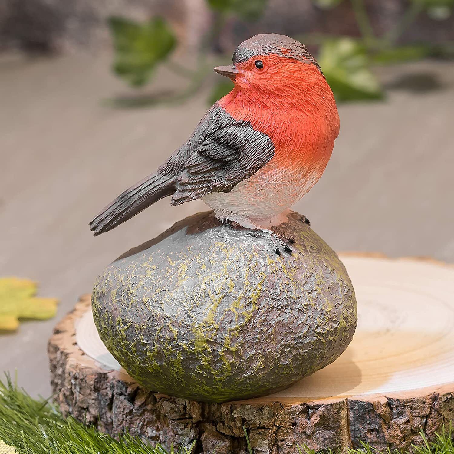 Robin Perched On Stone Ornaments Red Breast Resin Garden Outdoor Patio Bird Lawn