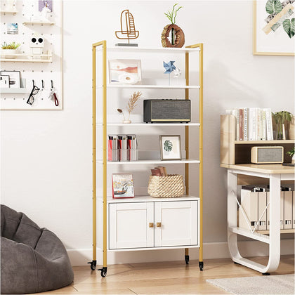 5-Tier Bookcase, Movable White Display Storage Rack