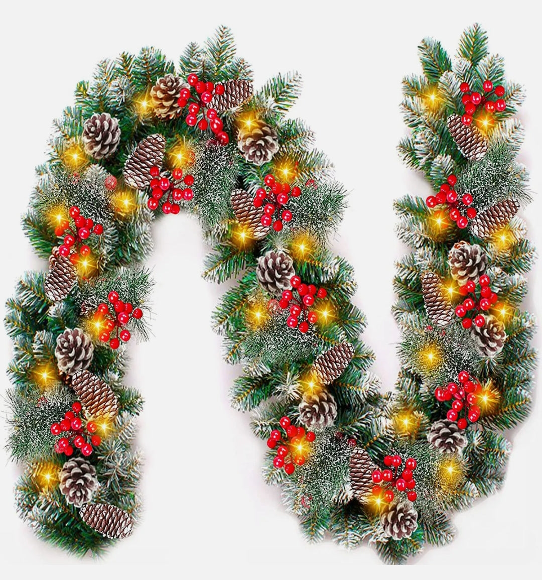 9FT Christmas Garland with Lights and Pine Cone Wreath Stairs Fireplaces Decor