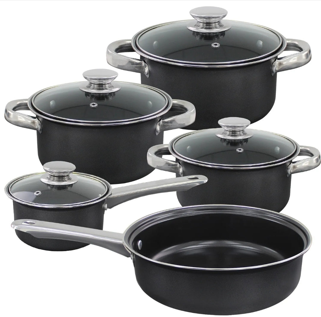 9 Piece Pan Set Black Cookware Saucepan Non Stick Stainless Steel Cooking Grill