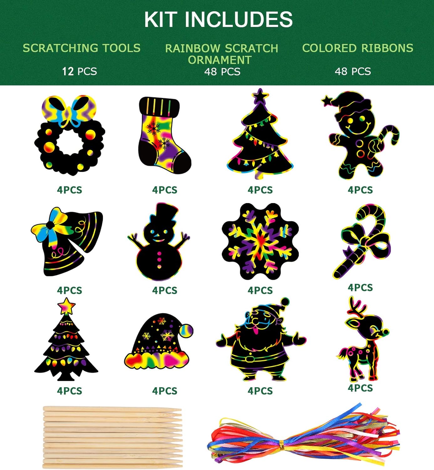 48 Pieces Christmas Scratch Art Hanging Decorations, Christmas Scratch Papers