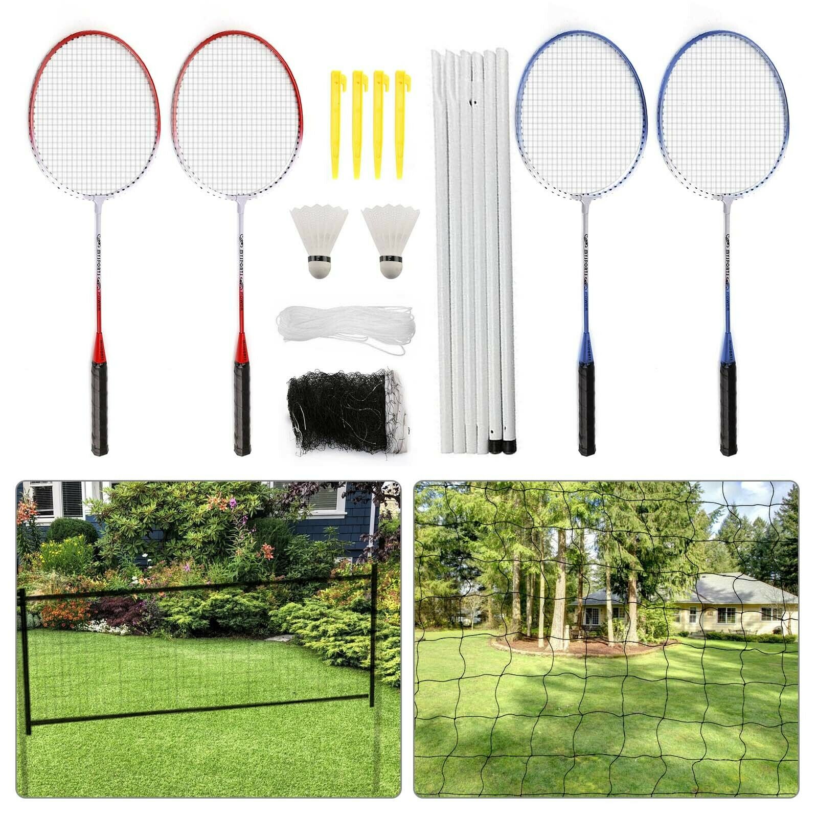 Professional Badminton Set 4 Player Racket Shuttlecock Poles Net Bag Garden  Game