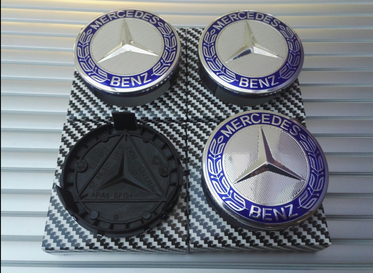 Mercedes Blue Alloy Wheel Centre Hub Caps AMG A B C E S M Class ML CLA GLA SLK
