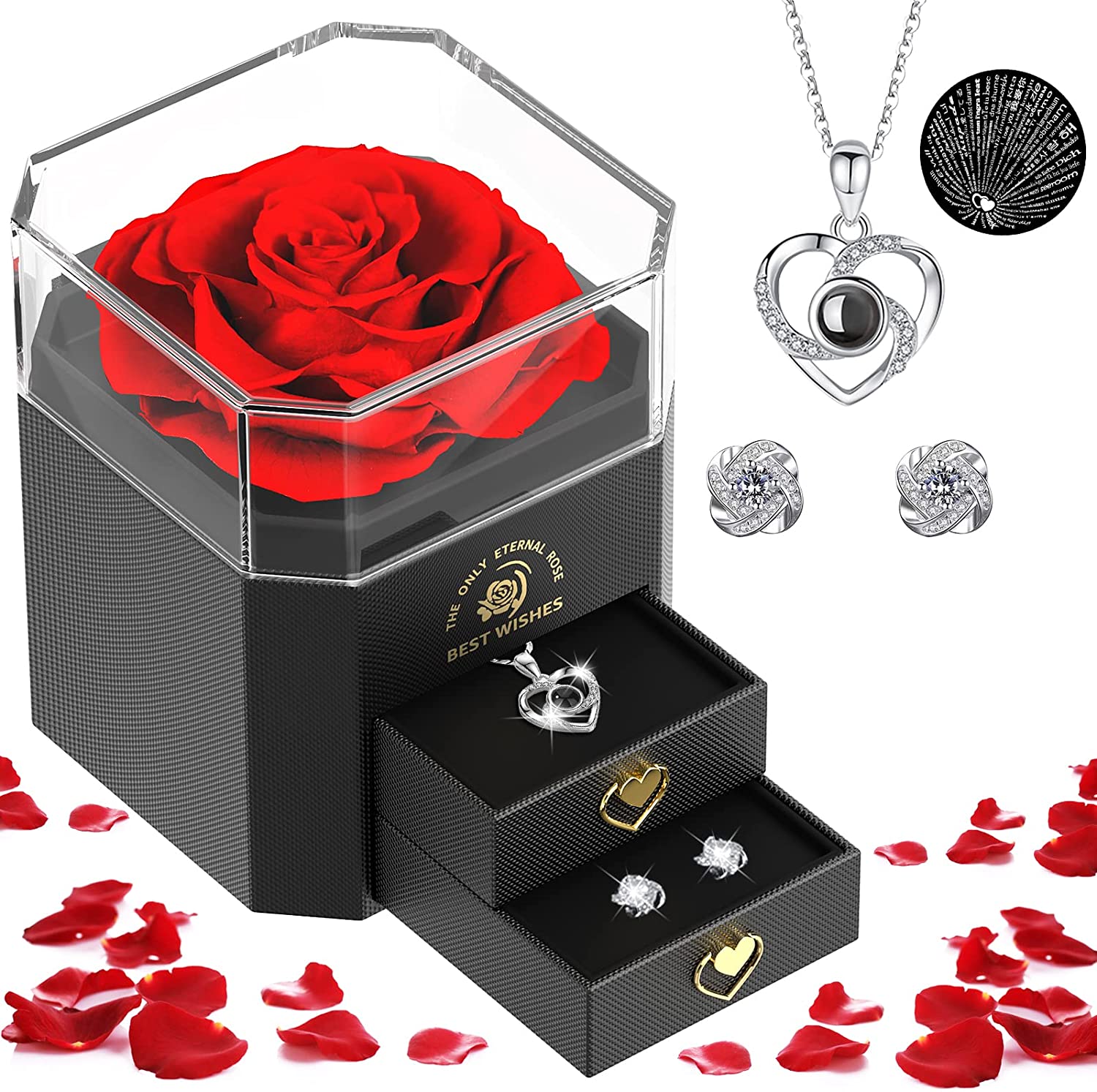 Preserved Real Rose, Handmade Eternal Rose Flower with I Love You Necklace and Earrings, Romantic Gifts for Her Wife Girlfriend Mum, Wedding Anniversary, Valentine‘s Day, Mother‘s Day, Birthday