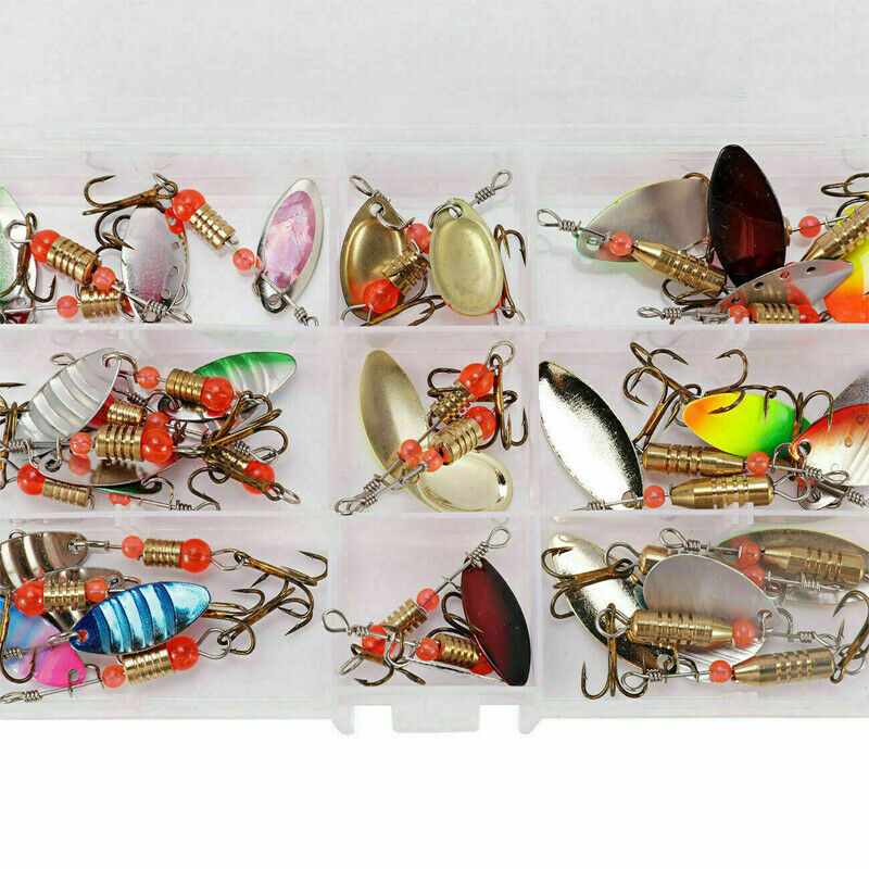 30x Metal Spinners Fishing Lures Sea Trout Pike Perch Salmon Bass Tackle Box Set