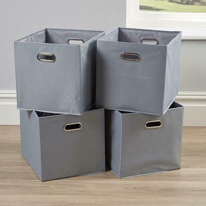 Large Silver Foldable Storage Folding Box Fabric Cube Oval Handle 4 Piece Set