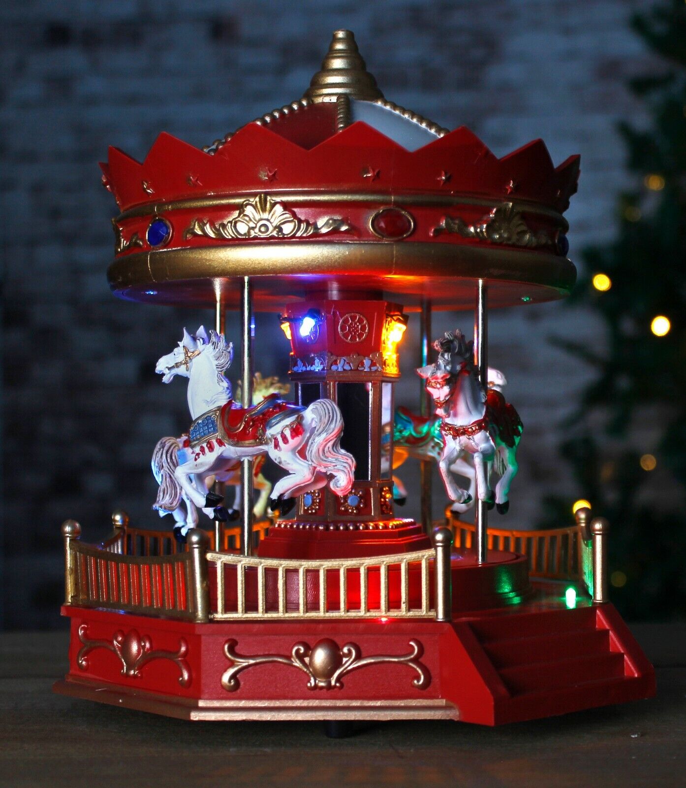 Miniature Christmas Village Nativity Scene Ornaments Musical LED Xmas Decoration Carosel