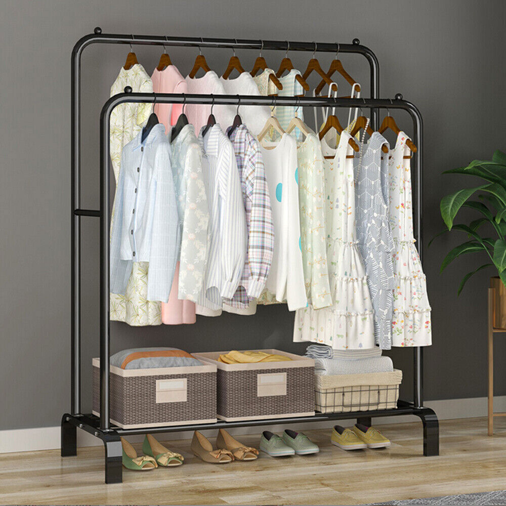 Double Clothes Rail Hanging Rack Garment Display Stand Storage Shelf