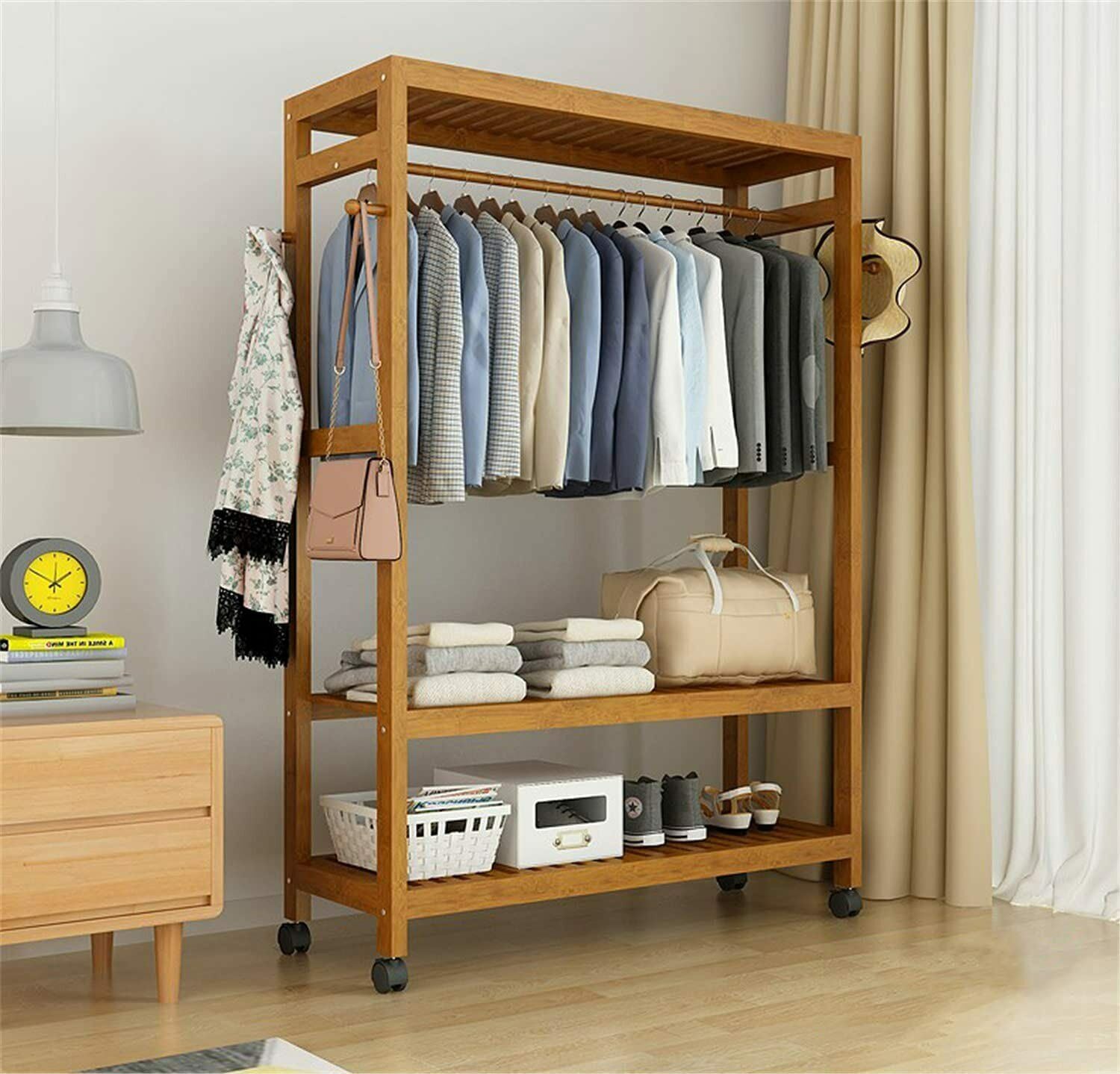 Heavy Duty Wooden Clothes Rail Garment Coat Rack Stand