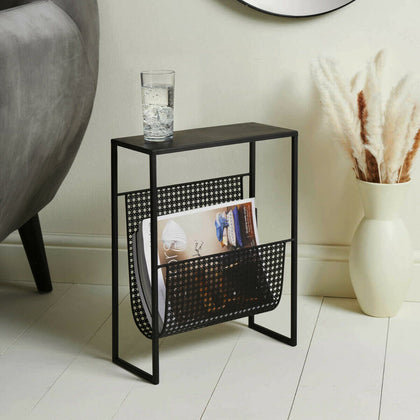 Black Metal Lamp Side Coffee End Table With Magazine Rack Storage Table