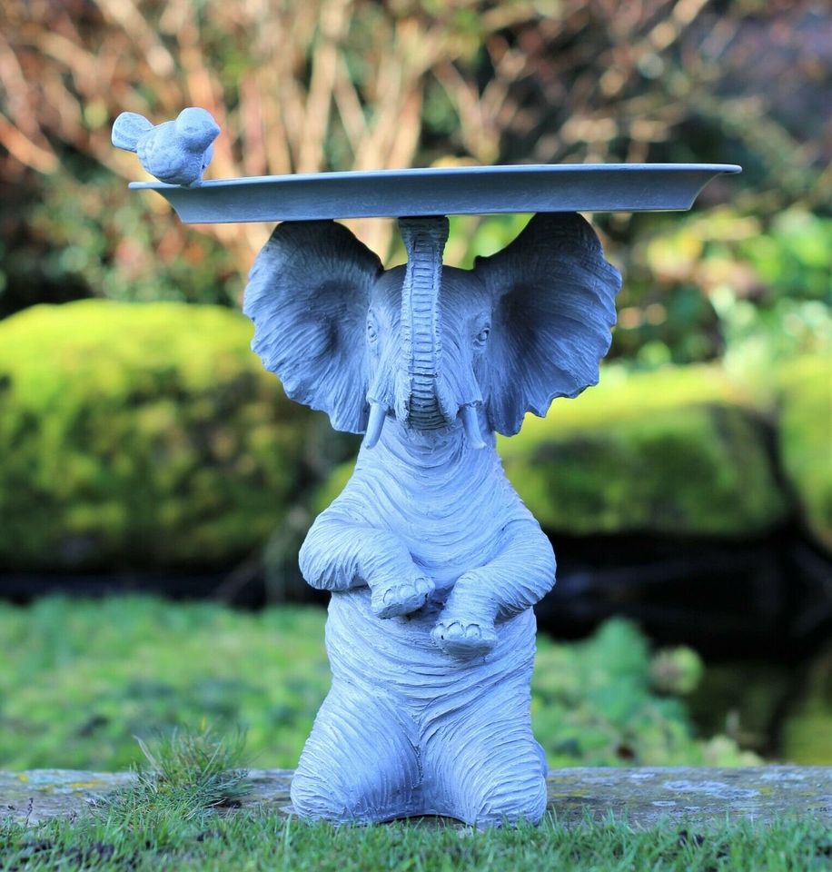 Garden Ornament Elephant Bird Feeder Bath Grey Statue Outdoor Indoor 30cm