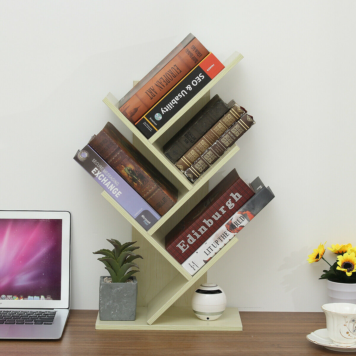 Wooden Desktop Tree Bookshelf Bookcase Storage Rack Holder Book Display 5 Tier