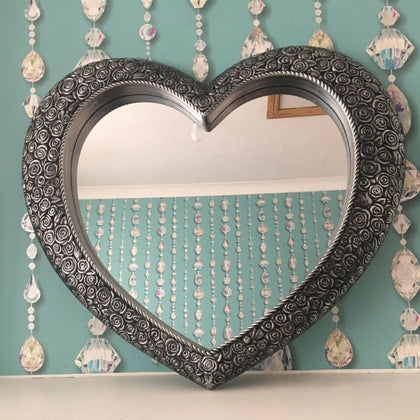 Large Ornate Heart Wall Mirror Resin Style Silver Heart Bathroom Wall Mirror