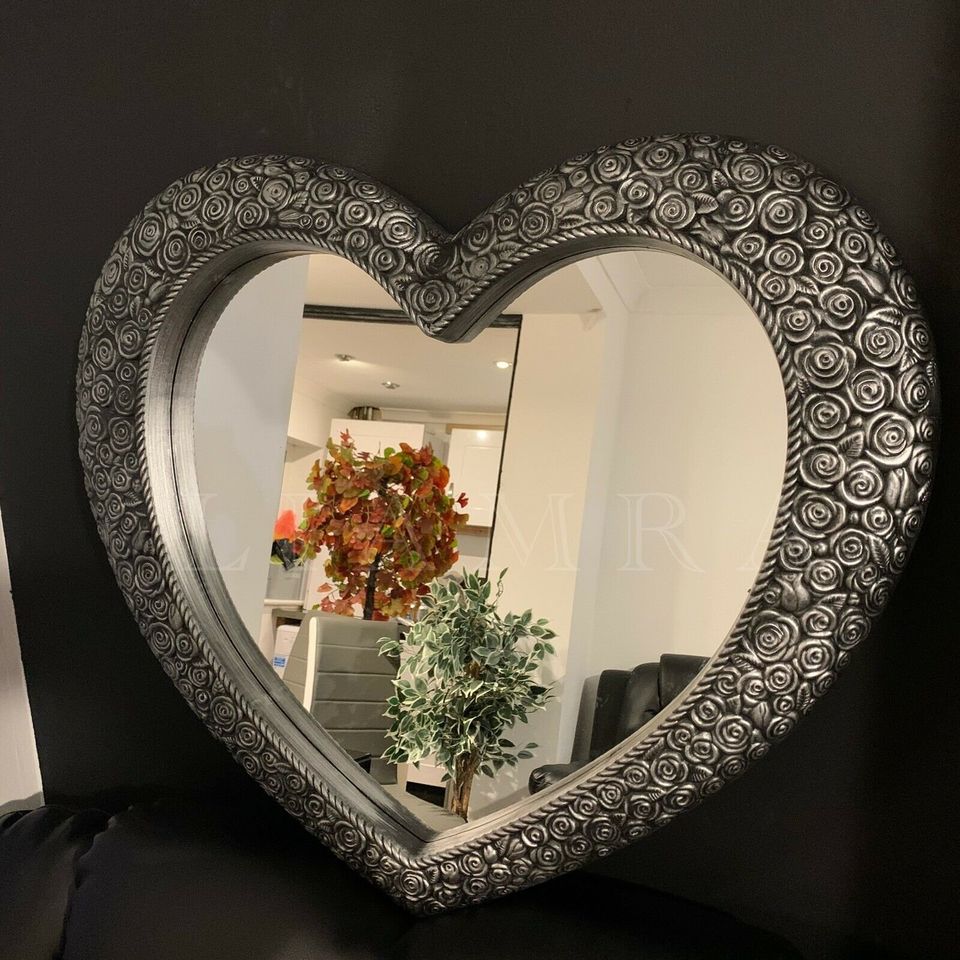 Large Ornate Heart Wall Mirror Resin Style Silver Heart Bathroom Wall Mirror