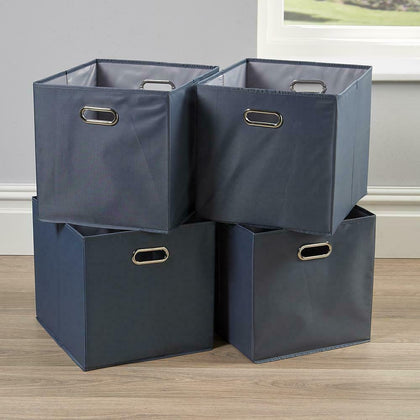 Large Grey Foldable Storage Folding Box Fabric Cube Oval Handle 4 Piece Set