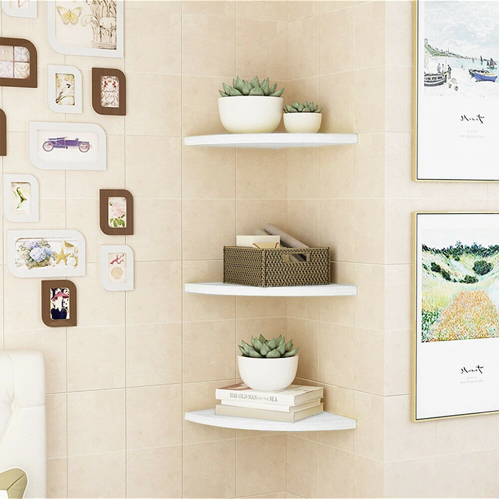 Set of 3 White Floating Wall Corner Shelves Shelf Unit Storage Display Bookcase