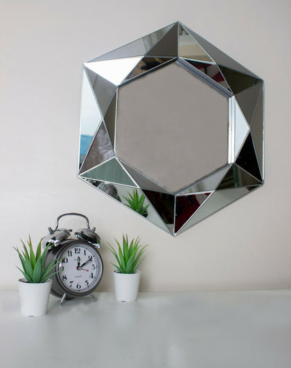 Large Bevelled Silver Wall Hanging Mirror Modern Unique Home Decor Jewel Cut